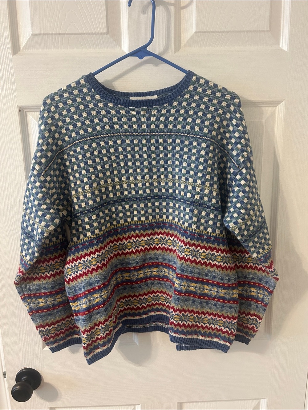 Talbots Vintage Blue and Cream Multi-Pattern Crewneck Sweater